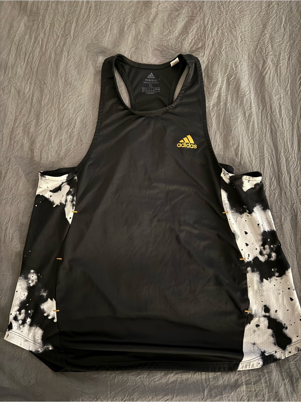 adidas Black Tank Top with White Tie-Dye Panels and Gold Logo